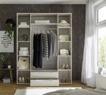 Drehtürenschrank >Jenna< 9 Böden, 1 Stange, 2 Schübe, Champagner / Spiegel - 160x208x57 (BxHxT)