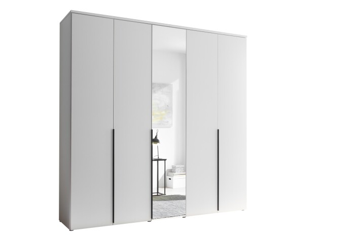Kleiderschrank >Kevo< mit Spiegel, 3 Böden, 3 Stangen, Weiß Dekor - 225x225x52cm (BxHxT)