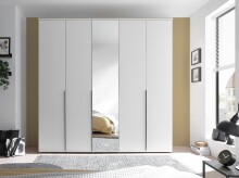 Drehtürenschrank >Kevo< mit Spiegel, 3 Böden, 3 Stangen, Weiß Dekor - 225x225x52cm (BxHxT)