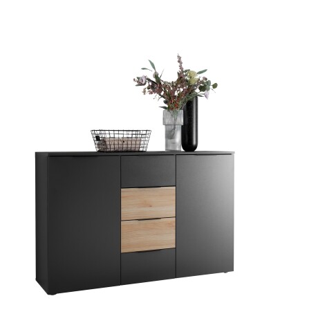 Sideboard >Aska< 2 Türen, 4 Schübe, Graphit /Mauvella Eiche Dekor - 134,8x89x40 (BxHxT)