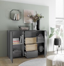 Sideboard >Aska< 2 Türen, 4 Schübe, Graphit /Mauvella Eiche Dekor - 134,8x89x40 (BxHxT)