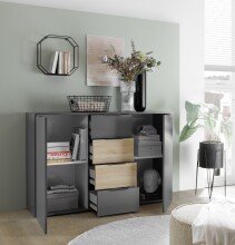 Sideboard >Aska< 2 Türen, 4 Schübe, Graphit /Mauvella Eiche Dekor - 134,8x89x40 (BxHxT)