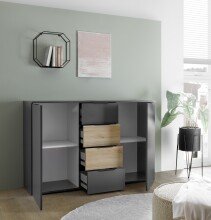 Sideboard >Aska< 2 Türen, 4 Schübe, Graphit /Mauvella Eiche Dekor - 134,8x89x40 (BxHxT)