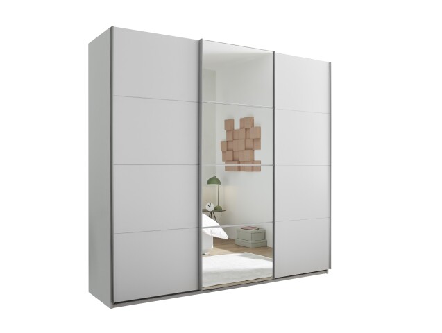 Schwebetürenschrank >Carano<  3 Stangen, 5 Böden, 3 Schübe, Weiß / Spiegel - 215x204x63cm (BxHxT)