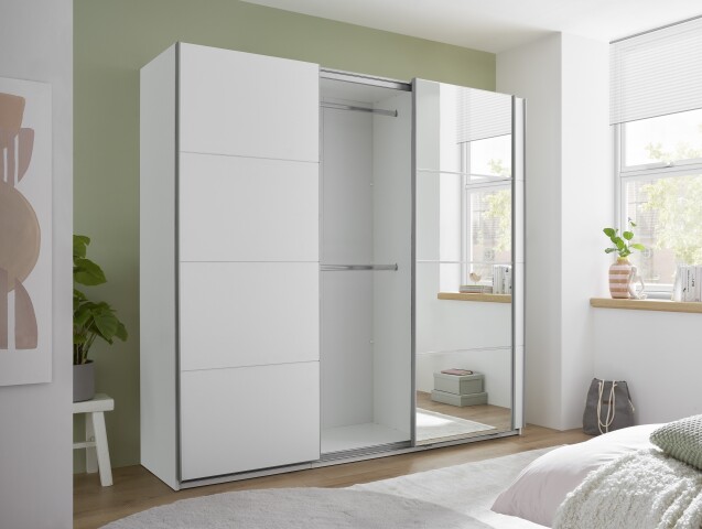 Schwebetürenschrank >Carano< Weiß / Spiegel, VOLLAUSSTATTUNG mit Spiegeltür, Schubladen und Einlegeböden - 215x204x63cm (BxHxT)