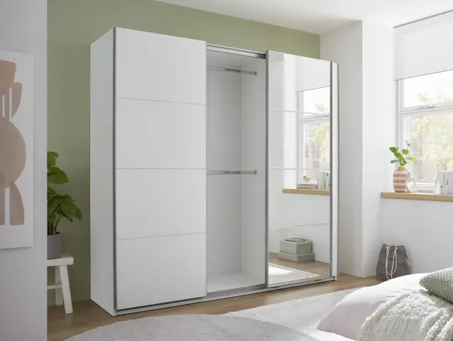 Schwebetürenschrank >Carano< Weiß / Spiegel, VOLLAUSSTATTUNG mit Spiegeltür, Schubladen und Einlegeböden - 215x204x63cm (BxHxT)