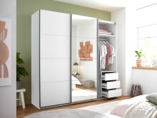 Schwebetürenschrank >Carano<  3 Stangen, 5 Böden, 3 Schübe, Weiß / Spiegel - 215x204x63cm (BxHxT)