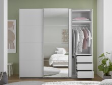 Schwebetürenschrank >Carano<  3 Stangen, 5 Böden, 3 Schübe, Weiß / Spiegel - 215x204x63cm (BxHxT)