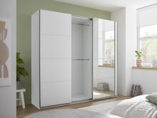Schwebetürenschrank >Carano<  3 Stangen, 5 Böden, 3 Schübe, Weiß / Spiegel - 215x204x63cm (BxHxT)