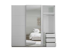 Schwebetürenschrank >Carano< Weiß / Spiegel, VOLLAUSSTATTUNG mit Spiegeltür, Schubladen und Einlegeböden - 215x204x63cm (BxHxT)