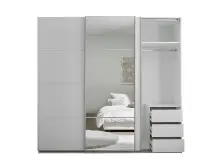 Schwebetürenschrank >Carano< Weiß / Spiegel, VOLLAUSSTATTUNG mit Spiegeltür, Schubladen und Einlegeböden - 215x204x63cm (BxHxT)