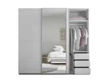 Schwebetürenschrank >Carano< Weiß / Spiegel, VOLLAUSSTATTUNG mit Spiegeltür, Schubladen und Einlegeböden - 215x204x63cm (BxHxT)
