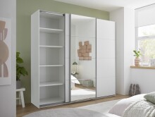 Schwebetürenschrank >Carano< Weiß / Spiegel, VOLLAUSSTATTUNG mit Spiegeltür, Schubladen und Einlegeböden - 215x204x63cm (BxHxT)