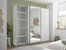 Schwebetürenschrank >Carano< Weiß / Spiegel, VOLLAUSSTATTUNG mit Spiegeltür, Schubladen und Einlegeböden - 215x204x63cm (BxHxT)