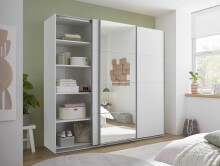Schwebetürenschrank >Carano< Weiß / Spiegel, VOLLAUSSTATTUNG mit Spiegeltür, Schubladen und Einlegeböden - 215x204x63cm (BxHxT)