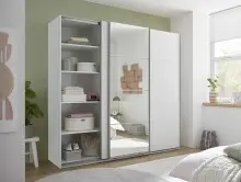 Schwebetürenschrank >Carano< Weiß / Spiegel, VOLLAUSSTATTUNG mit Spiegeltür, Schubladen und Einlegeböden - 215x204x63cm (BxHxT)