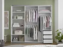 Schwebetürenschrank >Carano< Weiß / Spiegel, VOLLAUSSTATTUNG mit Spiegeltür, Schubladen und Einlegeböden - 215x204x63cm (BxHxT)