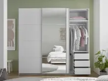 Schwebetürenschrank >Carano< Weiß / Spiegel, VOLLAUSSTATTUNG mit Spiegeltür, Schubladen und Einlegeböden - 215x204x63cm (BxHxT)