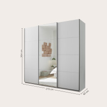 Schwebetürenschrank >Carano< Weiß / Spiegel, VOLLAUSSTATTUNG mit Spiegeltür, Schubladen und Einlegeböden - 215x204x63cm (BxHxT)