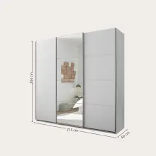 Schwebetürenschrank >Carano< Weiß / Spiegel, VOLLAUSSTATTUNG mit Spiegeltür, Schubladen und Einlegeböden - 215x204x63cm (BxHxT)