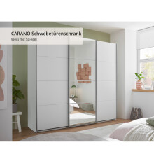 Schwebetürenschrank >Carano< Weiß / Spiegel, VOLLAUSSTATTUNG mit Spiegeltür, Schubladen und Einlegeböden - 215x204x63cm (BxHxT)