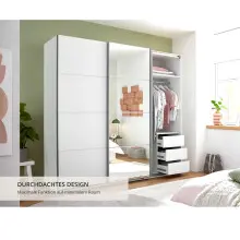 Schwebetürenschrank >Carano< Weiß / Spiegel, VOLLAUSSTATTUNG mit Spiegeltür, Schubladen und Einlegeböden - 215x204x63cm (BxHxT)