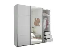 Schwebetürenschrank >Carano< Weiß / Spiegel, VOLLAUSSTATTUNG mit Spiegeltür, Schubladen und Einlegeböden - 215x204x63cm (BxHxT)