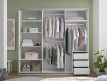 Schwebetürenschrank >Carano<  3 Stangen, 5 Böden, 3 Schübe, Weiß / Spiegel - 215x204x63cm (BxHxT)