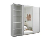 Schwebetürenschrank >Carano<  3 Stangen, 5 Böden, 3 Schübe, Weiß / Spiegel - 215x204x63cm (BxHxT)