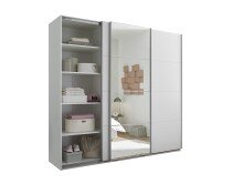Schwebetürenschrank >Carano<  3 Stangen, 5 Böden, 3 Schübe, Weiß / Spiegel - 215x204x63cm (BxHxT)