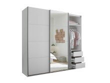 Schwebetürenschrank >Carano<  3 Stangen, 5 Böden, 3 Schübe, Weiß / Spiegel - 215x204x63cm (BxHxT)