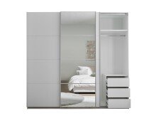 Schwebetürenschrank >Carano<  3 Stangen, 5 Böden, 3 Schübe, Weiß / Spiegel - 215x204x63cm (BxHxT)
