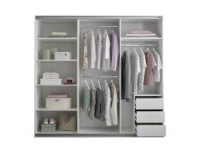 Schwebetürenschrank >Carano<  3 Stangen, 5 Böden, 3 Schübe, Weiß / Spiegel - 215x204x63cm (BxHxT)