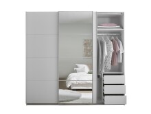 Schwebetürenschrank >Carano<  3 Stangen, 5 Böden, 3 Schübe, Weiß / Spiegel - 215x204x63cm (BxHxT)