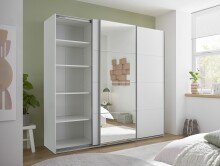 Schwebetürenschrank >Carano<  3 Stangen, 5 Böden, 3 Schübe, Weiß / Spiegel - 215x204x63cm (BxHxT)
