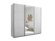 Schwebetürenschrank >Carano<  3 Stangen, 5 Böden, 3 Schübe, Weiß / Spiegel - 215x204x63cm (BxHxT)