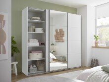 Schwebetürenschrank >Carano< Weiß / Spiegel, VOLLAUSSTATTUNG mit Spiegeltür, Schubladen und Einlegeböden - 215x204x63cm (BxHxT)