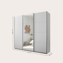 Schwebetürenschrank >Carano< Weiß / Spiegel, VOLLAUSSTATTUNG mit Spiegeltür, Schubladen und Einlegeböden - 215x204x63cm (BxHxT)