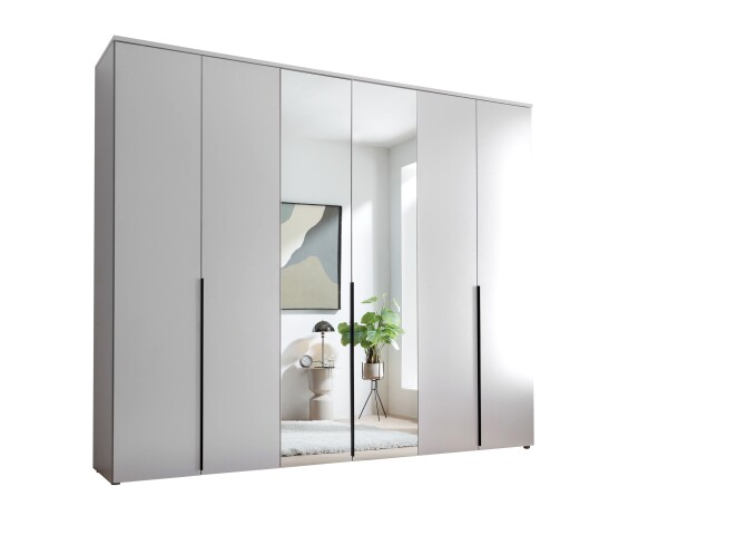 Drehtürenschrank >Kevo< 3 Böden, 3 Stangen, Weiß / Spiegel - 270x225x52cm (BxHxT)