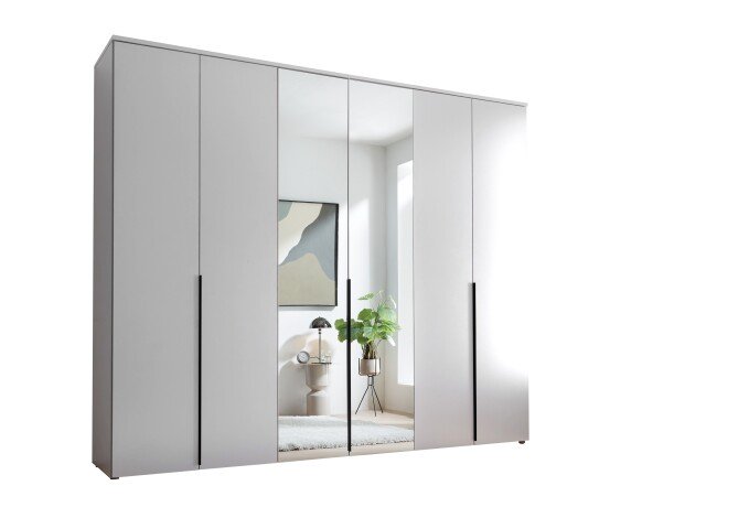 Drehtürenschrank >Kevo< 3 Böden, 3 Stangen, Weiß / Spiegel - 270x225x52cm (BxHxT)