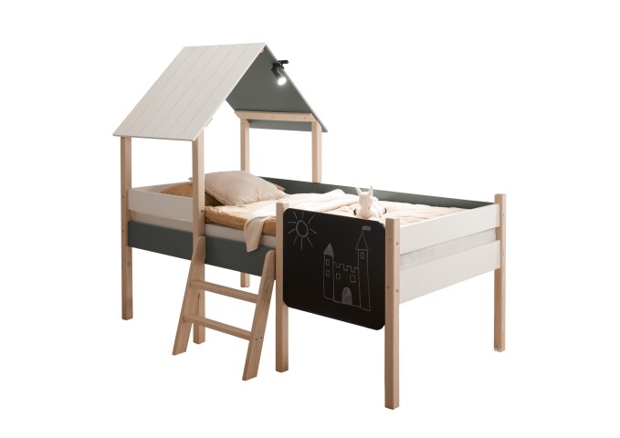 Hausbett >Kiama< mit Rollrost, Weiß, Petrol, Schwarz, Kiefer - 123x165x210 (BxHxT)