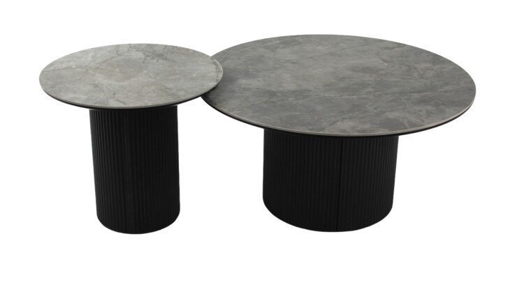Couchtisch >2302< (2er Set) Ø 80 cm / Ø 50 cm, schmarz mit Keramik grau, Höhe 40 / 45cm