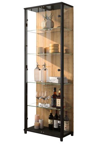 Glasvitrine >Optima< 2 Türen, 4 Böden, Schwarz / Wildeiche Dekor - 57,6x171,8x32cm (BxHxT)