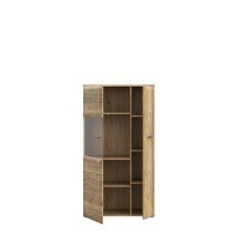 Stauraumvitrine >AKINORI< 2 Türen, in Mauvella Eiche Dekor - 75,1x140x41,8cm (BxHxT)