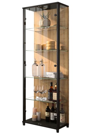 Glasvitrine >OPTIMA< Schwarz/Wildeiche-Dekor, LED Beleuchtung - 57,6x171,8x32cm (BxHxT)