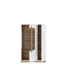 Stauraumvitrine >ATTENTION< mit LED, Eiche Dekor / Weiß gloss - 89,9x139,6x34,3 (BxHxT)
