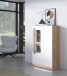 Stauraumvitrine >ATTENTION< mit LED, Eiche Dekor / Weiß gloss - 89,9x139,6x34,3 (BxHxT)