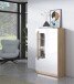 Stauraumvitrine >ATTENTION< mit LED, Eiche Dekor / Weiß gloss - 89,9x139,6x34,3 (BxHxT)