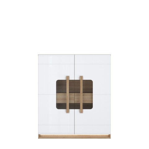 Stauraumvitrine >ATTENTION< 2 Türen, 2 Schübe, Eiche Dekor / Weiß Gloss - 119,9x139,6x41,5cm BxHxT