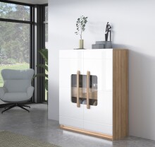Stauraumvitrine >ATTENTION< 2 Türen, 2 Schübe, Eiche Dekor / Weiß Gloss - 119,9x139,6x41,5cm BxHxT